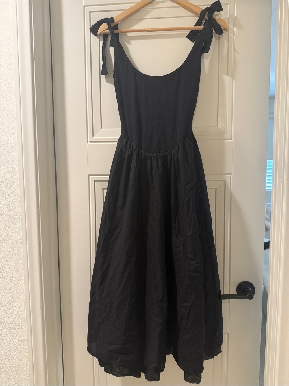 Cottage Core Black Midi to Maxi Dress with Tie Shoulder Strap